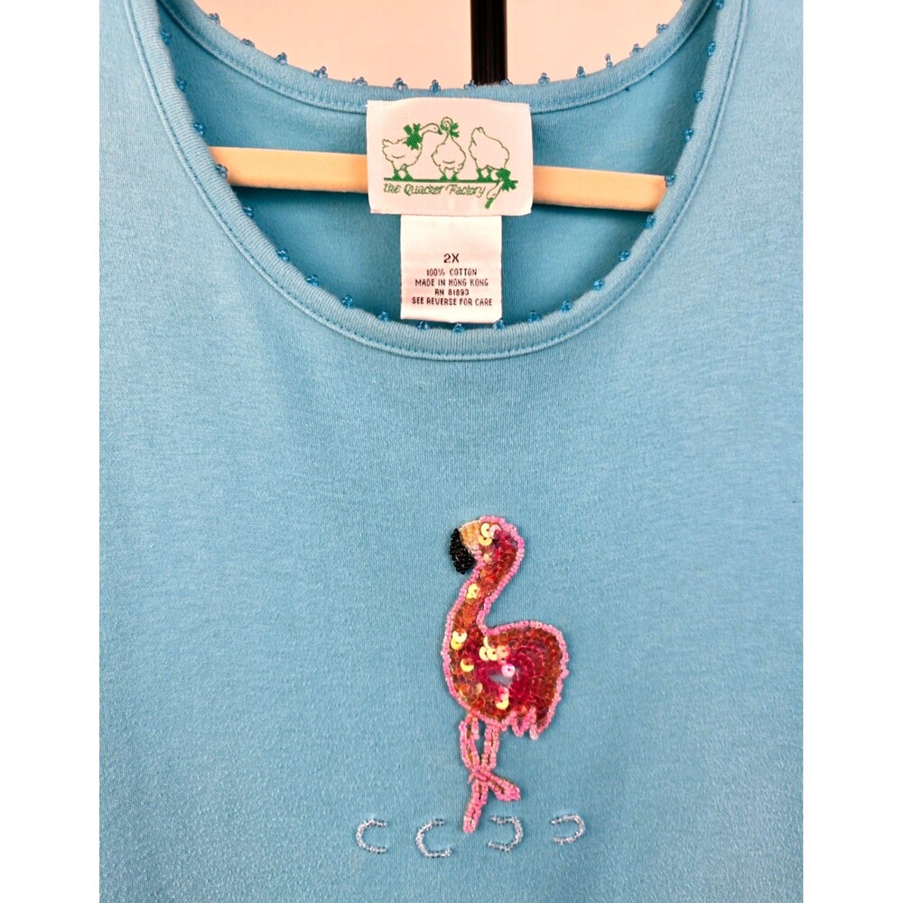 Vintage QUACKER FACTORY Sky Blue Sequin Beaded Flamingo T-Shirt Maxi Dress 2X - Picture 3 of 12